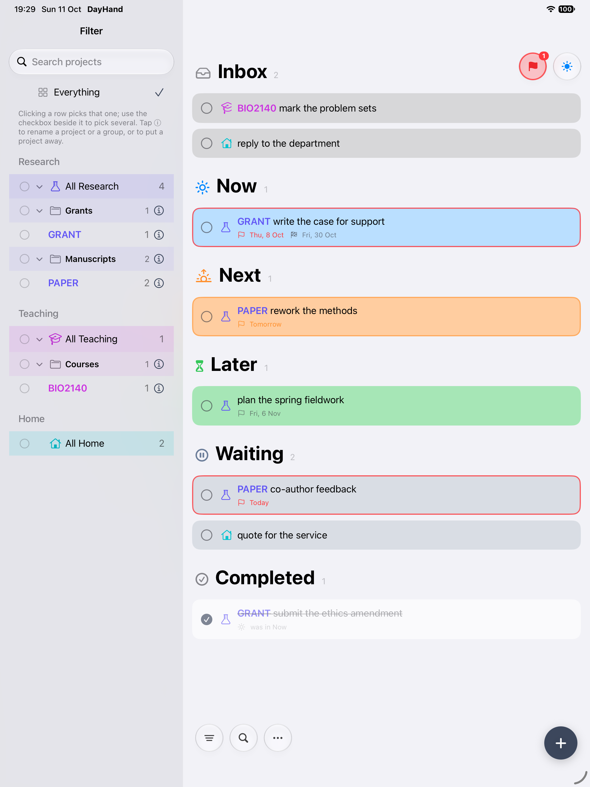 DayHand on iPad, with the filter sidebar open beside the tasks