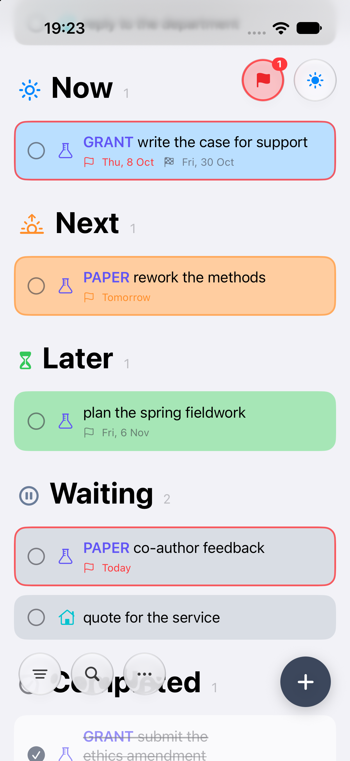 DayHand on iPhone, showing tasks stacked under Now and Next